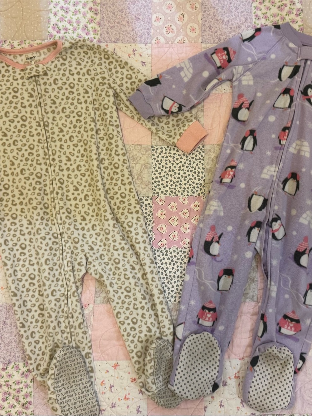 Carter's Beige Leopard Print & Purple Penguin Footed Pajamas